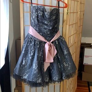 silver gray formal dress with pink bow